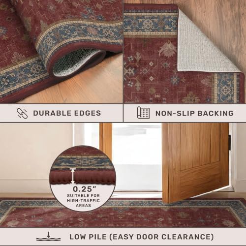 Washable 3x5 Entry Way Rugs Indoor - Burgundy Large Kitchen Rug, Non Slip Unique Bohemian Red Low Pile Thin Carpet for Bedroom Bedside, Foyer