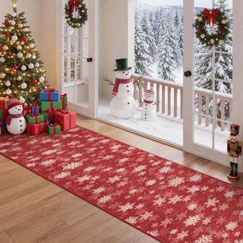 2x12 Christmas Runner Rug for Hallway,Washable Kitchen Rugs,Red
