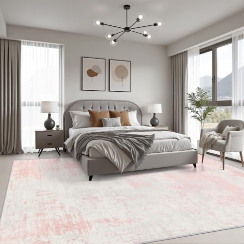 Area Rug Living Room: 4x6 Modern Washable Soft Carpet Pink White