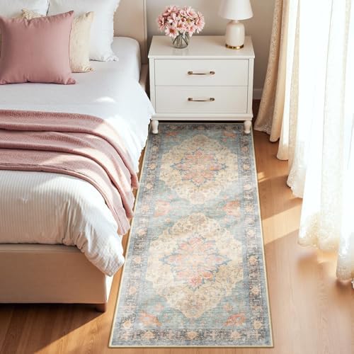 RELEANY Washable Area Rug, Runner 2'x5', Blue/Orange/Red