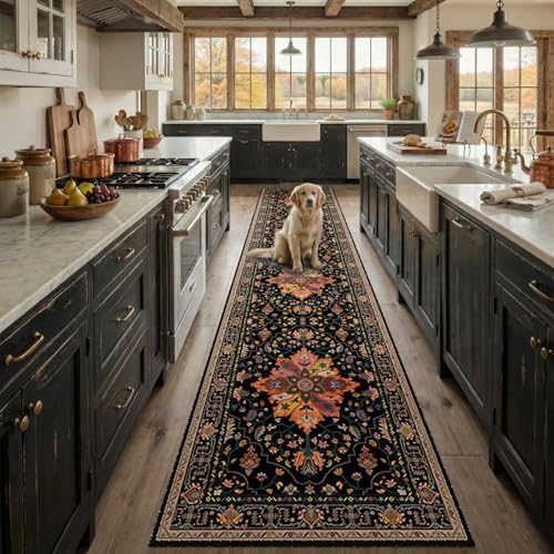 RELEANY Washable Area Rug, Runner 2'x9', Black/Colorful