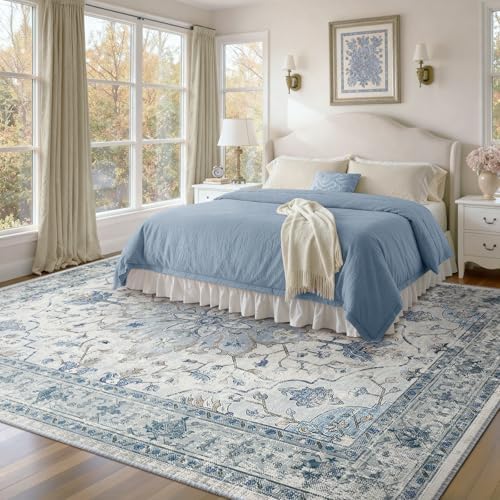 RELEANY Washable Area Rug, 8'x10', Blue/White/Gray