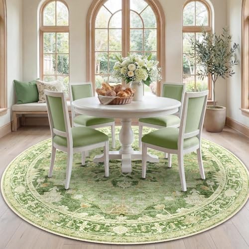 RELEANY Washable Area Rug, Round 7ft, Green/Yellow