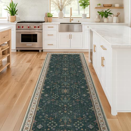 Hazo Haus Dark Green 2x6 Kitchen Rug - Modern Vintage Boho Eclectic Floral with Brown Accent, Washable Low Pile Non-Slip Runner Rugs for Bathroom, Door Mat Indoor Entrance, Hallway, Bedroom, Laundry