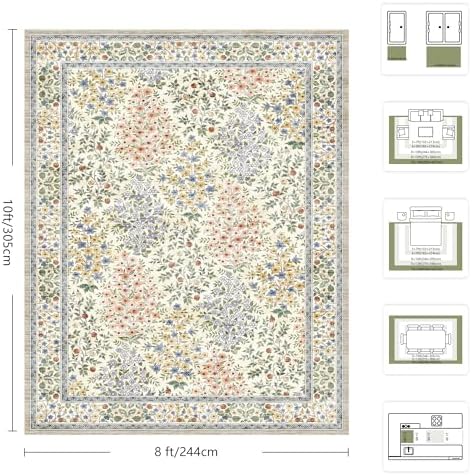 8x10 Area Rugs, Machine Washable Low Pile Floral Rugs for Living Room, Bedroom, Large Boho Area Rug with Non-Slip Backing for Dining Room(Beige Floral)