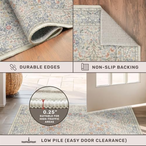 Hazo Haus Washable Bathroom Runner Rug 2x5, Non Slip Runner for Laundry Room, Bathroom Sink Mat - Vintage Pastel Beige Blue Throw Rug, Ultra Soft Low Pile Stain Resistant