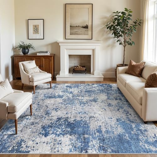 8x8 ft Square Living Room Rug - Washable Modern Neutral Abstract Area Rug for Bedroom, Dining Room, Kitchen Non-Slip Soft Low-Pile Indoor Floor Carpet (Blue Ivory Grey, 8x8)