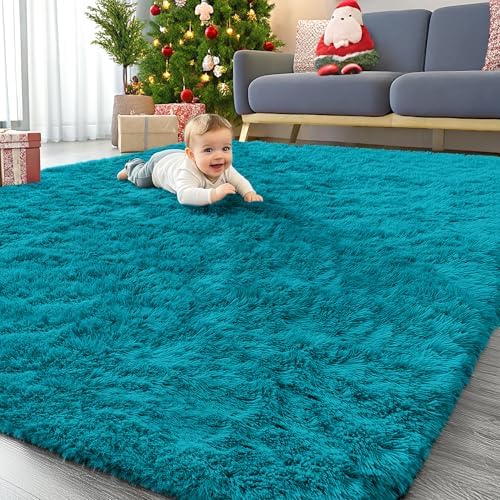 OLANLY 8x10 Machine Washable Large Area Rugs for Living Room, Bedroom, Soft Fluffy Shaggy Bedside Rug, Indoor Floor Carpet for Kids Girls and Boys, Dorms, Nursery, Home Decor Aesthetic, Teal