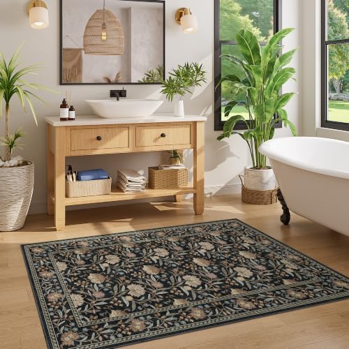DUKINO 3x5 Rug, Washable Vintage Floral Bedroom Area Rug Non Slip, Black
