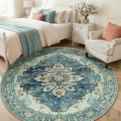 RELEANY Washable Area Rug, Round 6ft, Blue/Vintage Dark Blue