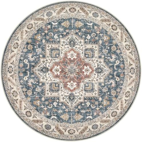 cotiled 8ft Round Living Room Area Rug, Washable, Traditional, Vintage Blue