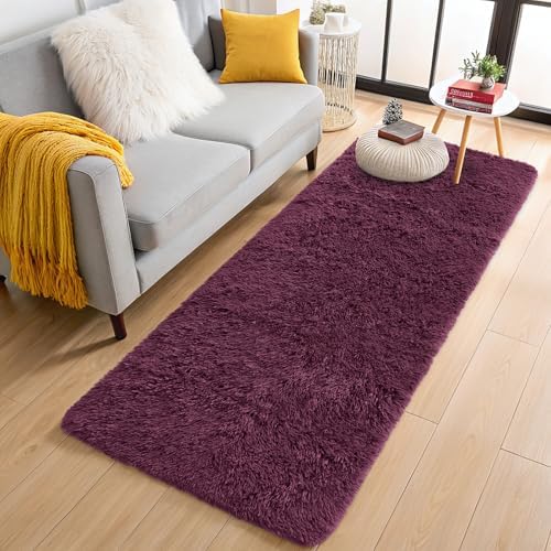 OLANLY 2x8 Machine Washable Runner Rugs for Hallway, Soft Fluffy Shaggy Bedside Rugs for Bedroom, Living Room, Indoor Floor Carpet for Kids Girls Boys, Nursery Rooms, Home Decor Aesthetic, Burgundy