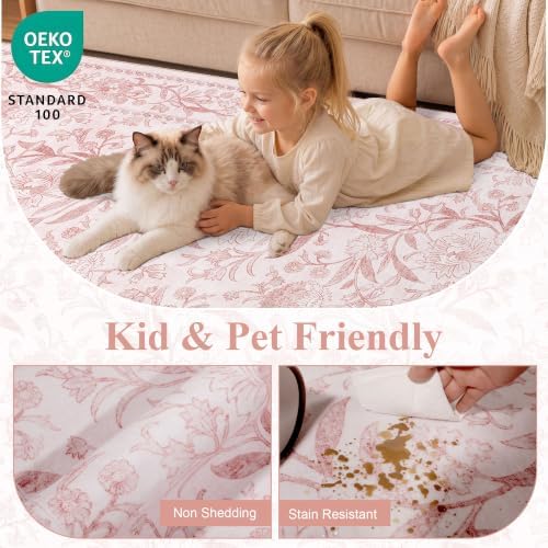 DUKINO 2x3 Rug, Washable Vintage Floral Bathroom Rugs Non Slip, Light Pink