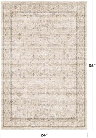 Farmhouse Bathroom Rug 2x3 Beige, Machine Washable Small Non Slip Indoor Entryway Area Rug, Low Pile Thin Neutral Vintage Design for Bedside, Kitchen