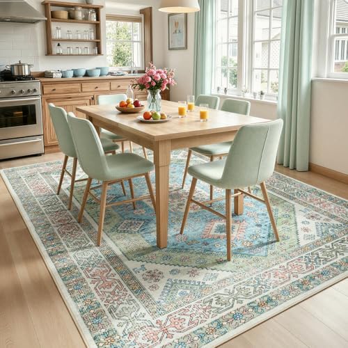 Lofus Living Room Rugs 5x7, Boho Sage Green and Light Blue Washable Carpet