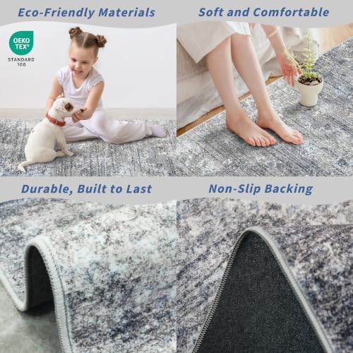 4x12 Wide Runner Rug for Hallway, Washable Non Slip Long Kitchen Rug, Soft Low Pile Carpet for Entryway Bedroom, Modern Abstract Area Rug（Blue Grey,4x12）