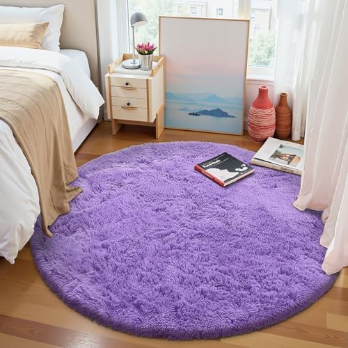 OLANLY Purple Round Rugs for Bedroom - Machine Washable, 9 ft Circle Area Rugs for Living Room, Soft and Fluffy Shaggy Carpet for Teen Girls and Boys, Nursery Rooms, Dorms, Home Decor Aesthetic