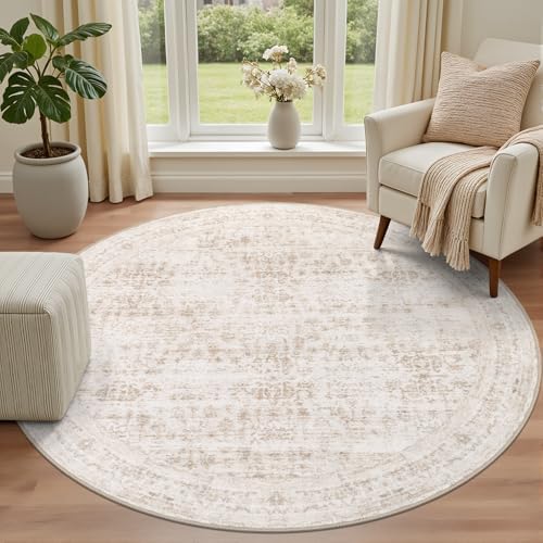 Round Area Rug for Living Room: 4ft Boho Washable Rug Beige Brown