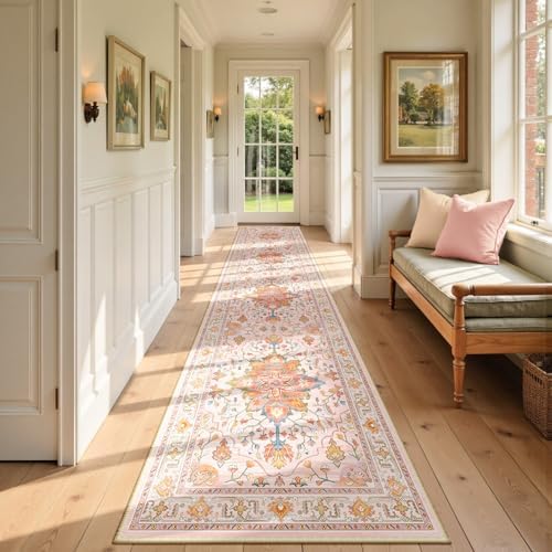 RELEANY Washable Area Rug, Runner 2'6"x14', Pink/Light Pink/Colorful