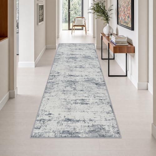 3x10 Washable Runner Rug：Modern Abstract Soft Carpet Blue Grey