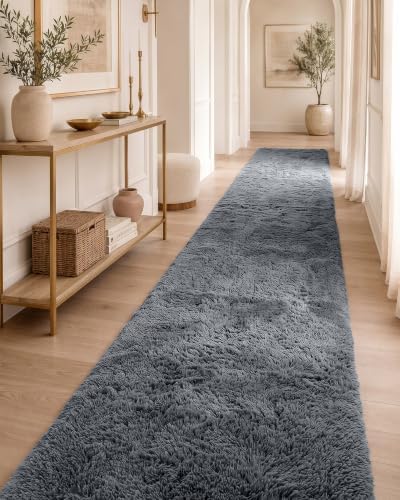 OLANLY 3x12 Machine Washable Runner Rugs for Hallway, Soft Fluffy Shaggy Bedside Rugs for Bedroom, Living Room, Indoor Floor Carpet for Kids Girls and Boys, Nursery Rooms, Home Decor Aesthetic, Grey