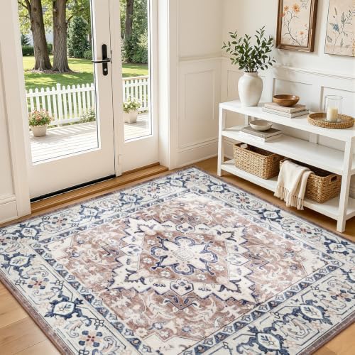 Lofus 4'x4' Square Washable Area Rug, Vintage Boho Floral Brown Carpet