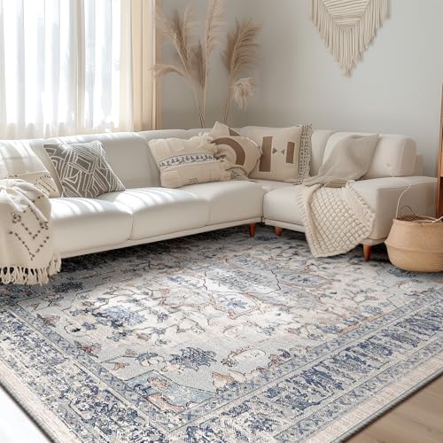 BESTSWEETIE Washable Boho 9x12 Area Rug, No Pile, Living Room, Beige Blue