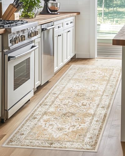 Amada 2x6 Washable Runner Rug for Kitchen and Entryway, Beige, Vintage
