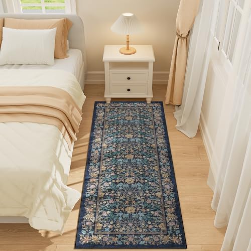 DUKINO 2x5 Rug Runner, Washable Vintage Floral Bathroom Rugs, Dark Blue