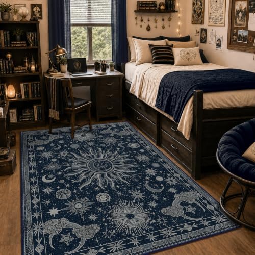 Vacuum-Friendly, 5x7 Washable Area Rug, Blue Gray White