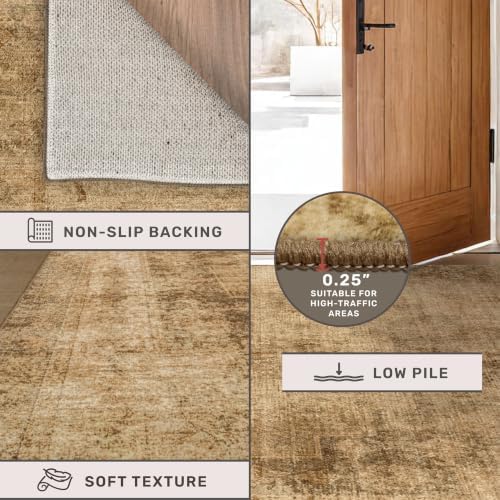 Large Entryway Rug Washable - 5x8 Brown and Mustard Yellow Rug for Mudroom, Foyer, Hall, Living Room, Washable Low Pile Stain Resistent, Distressed Design