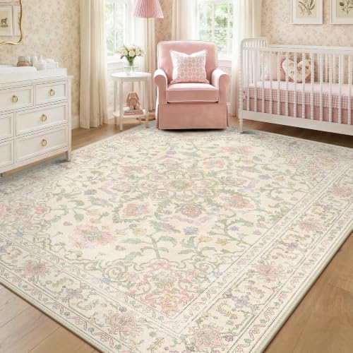 CAPALOCA 8x10 Washable Nursery Girls Low Pile Area Rug Purple Green Pink