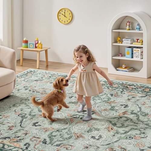 5x7 Area Rugs for Living Room Bedroom, Washable Non-Slip Rug, Sage Green