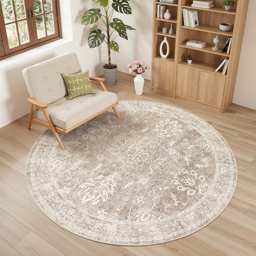 Madane Washable Round Rug 5ft for Living Room, Soft Neutral Rug Brown/Sand