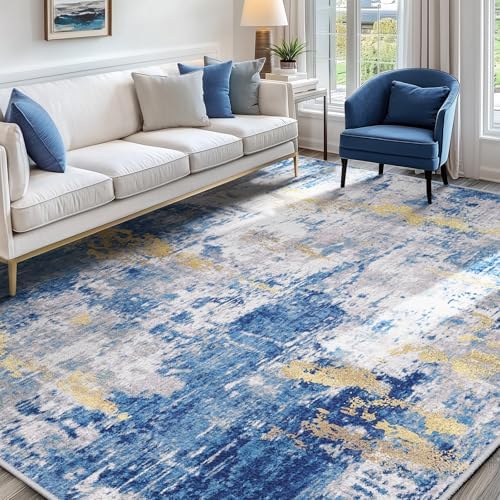 RELEANY Washable 7'x9' Abstract Area Rug for Living Room Blue Gold