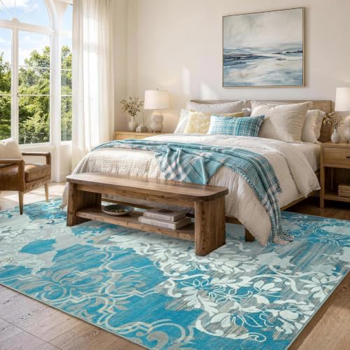6x9 Washable Non-Slip Area Rug for Living Room (Blue)