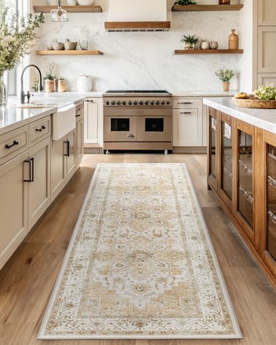 Amada 2'6" x 8' Washable Runner Rug for Hallway, Beige, Vintage Style