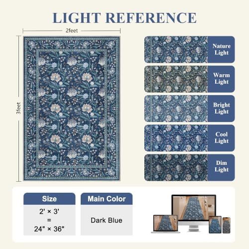 DUKINO 2x3 Rug, Washable Vintage Floral Bathroom Rugs Non Slip, Dark Blue