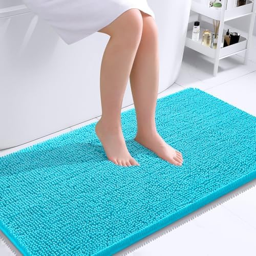 OLANLY Bathroom Runner Rugs 44x24, Soft Absorbent Chenille Bath Rugs, Rubber Backing Quick Dry, Machine Washable Long Bath Mats for Bathroom Floor, Tub and Shower, Home Decor Accessories, Aqua Sky