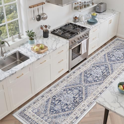 zesthome 2'6 x 8' Runner Rug Non Slip,Washable Kitchen Rugs,Blue
