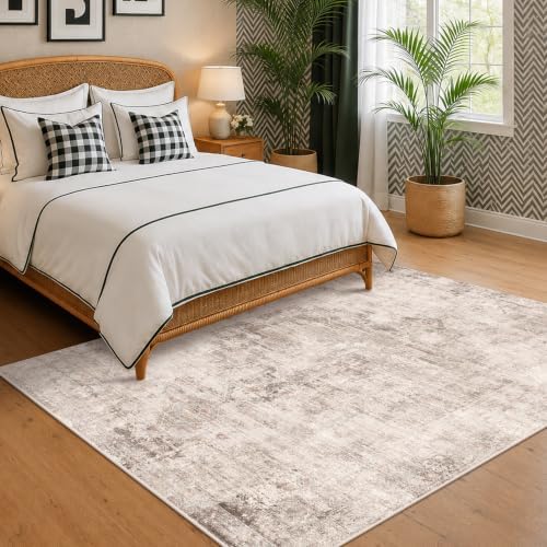 Hazo Haus Washable 5x7 Area Rugs for Living Room, Neutral Beige & Peach Farmhouse Rug for Dining Room & Bedroom, Ultra Soft Low-Pile Non-Slip Stain Resistant, Distressed Design
