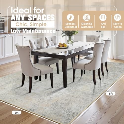 5x8 Area Rugs for Living Room Washable Bedroom Dining Room Beige Grey