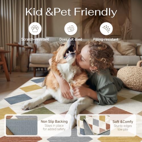 PureCozy 4x6 Washable Area Rug Kids Room Colorful Non Slip Checkered Carpet