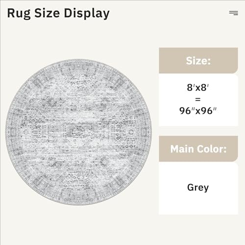 Soalmost Round Rugs 8ft Living Room Circle Area Rug 8x8 Grey Vintage