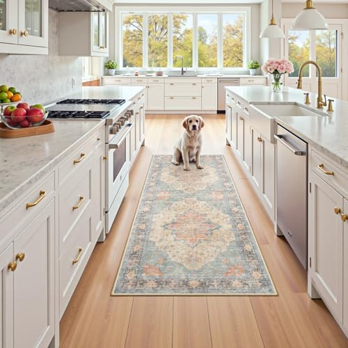 RELEANY Washable Area Rug, Runner 2'x5', Blue/Orange/Red