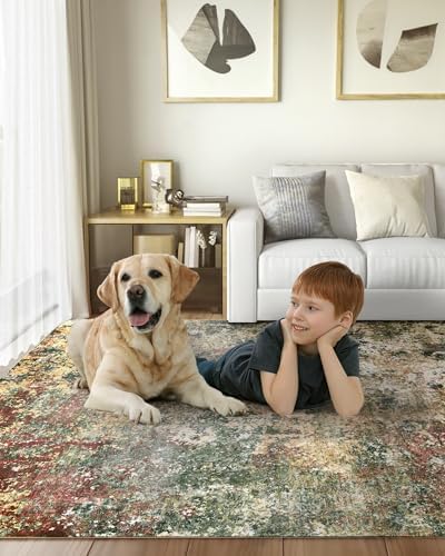 Washable Area Rug for Living Room: 5x7 Modern Abstract Neutral Soft Rug for Bedroom Dining Room No Slip Low Pile Carpet for Nursery Home Office - Red/Ivory