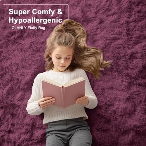 OLANLY 2x6 Machine Washable Runner Rugs for Hallway, Soft Fluffy Shaggy Bedside Rugs for Bedroom, Living Room, Indoor Floor Carpet for Kids Girls Boys, Nursery Rooms, Home Decor Aesthetic, Burgundy