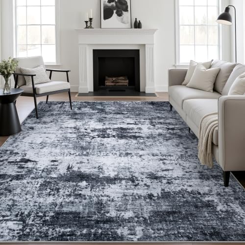 9x12 Area Rug Living Room: Modern Washable Indoor Carpet Black