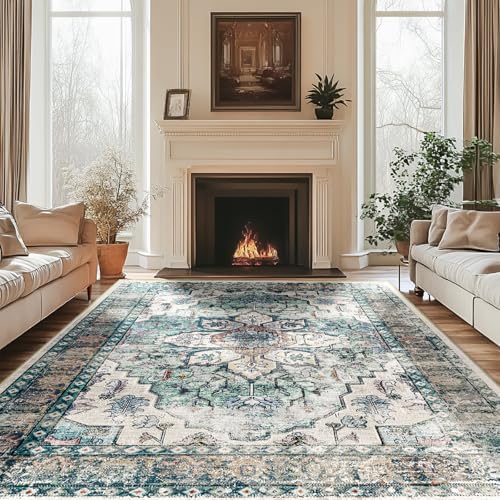 BESTSWEETIE Washable Boho 8x10 Area Rug, No Pile for Living Room, Green