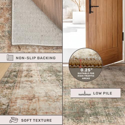 Farmhouse Floor Rugs for Living Room - Brown and Green Dining Room Area Rugs 8x10 for Bedroom, Washable, Soft, Lightweight & Stain Resistance, Neutral Dark Vintage Medallion Decor, Distressed Design